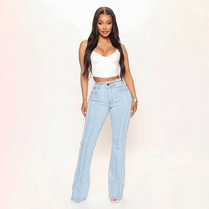 Jeans pour femmes, taille moyenne élastique, effiloché, délavé, pantalon en denim pour femmes