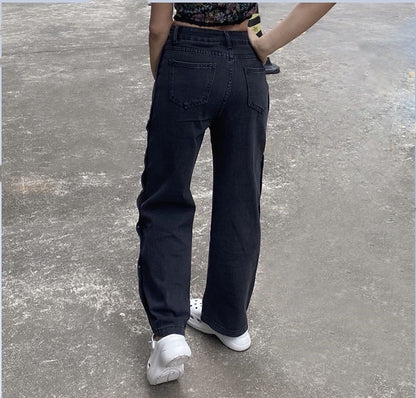 Personality Street Side Wide Leg Pants Straight Leg Pants Jeans Medium High Waisted Trousers