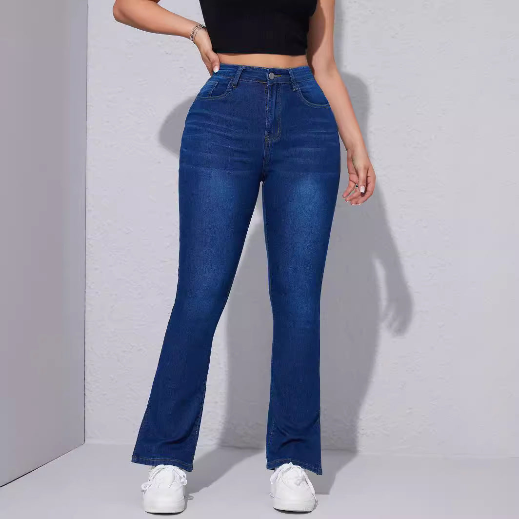 High Waist Stretch Slim Jeans mit Fußschlitz für Damen