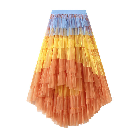 Unregelmäßiges asymmetrisches Stufenkleid Hohe Taille Mesh Rock Pettiskirt Damen Gaze Rock Feenkleid