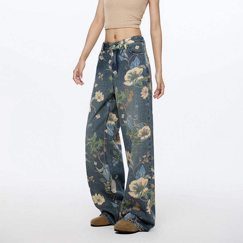 Jean large à imprimé floral pour femme, coupe ample, pantalon à deux jambes, coupe Nine One Mouth