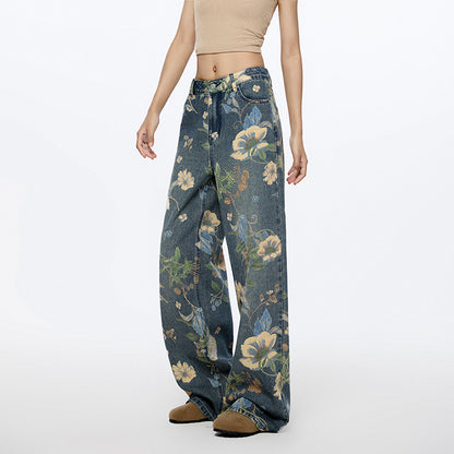 Jean large à imprimé floral pour femme, coupe ample, pantalon à deux jambes, coupe Nine One Mouth