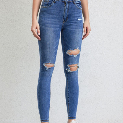 Pantalon en jean déchiré élastique pour femme, jean skinny délavé à la taille