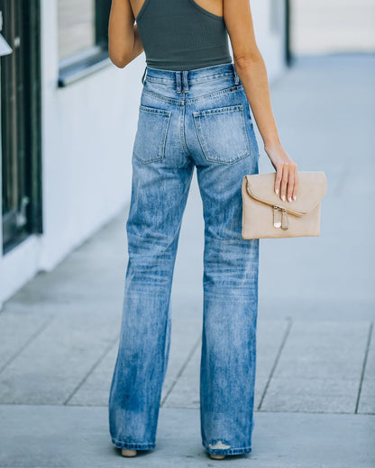 Herbst Beiläufige Weite Bein Hosen Mittlere Taille Waschen Loch Frauen Denim Hosen