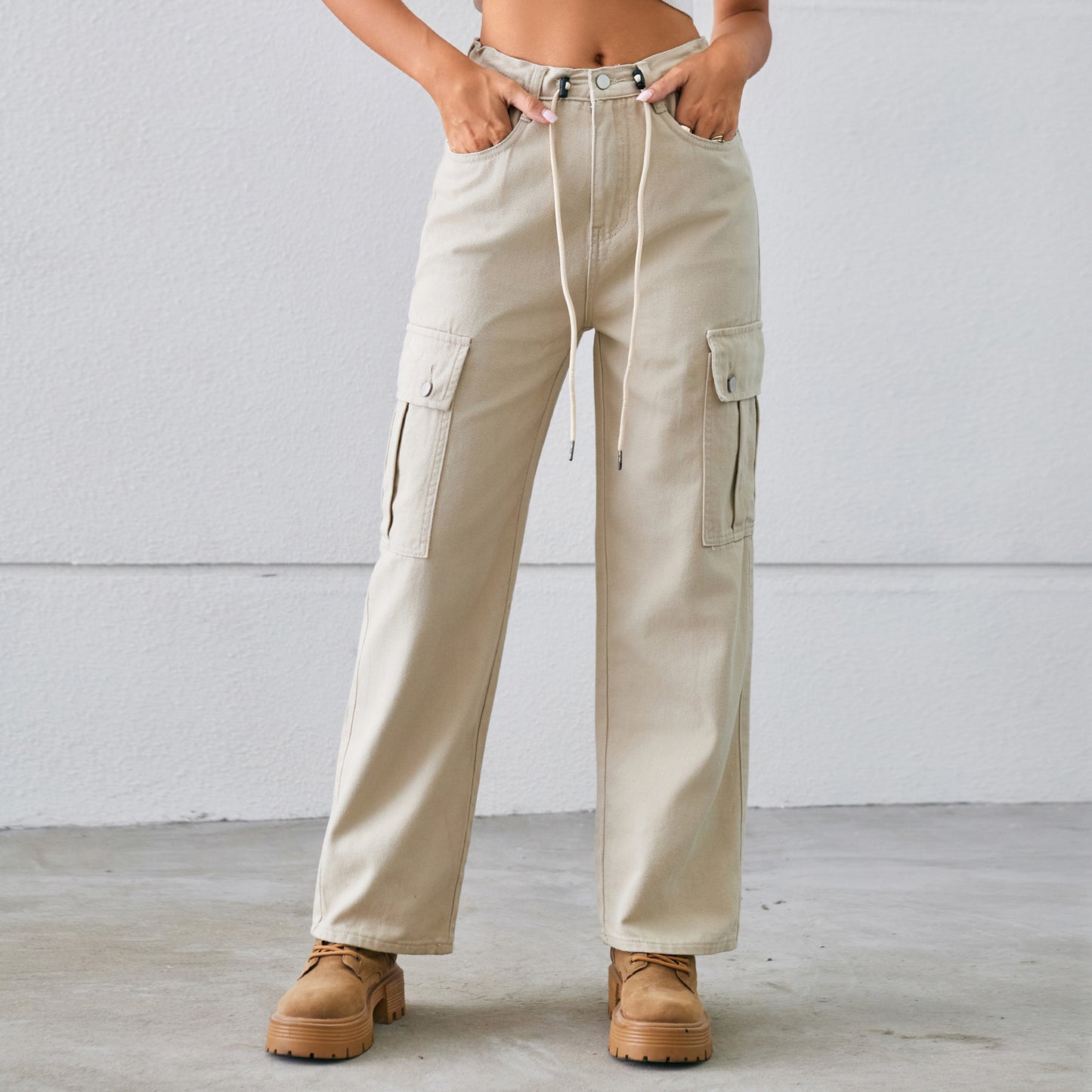 Denim Drawstring Adjustable Washed Cargo Pants Trousers Casual Pants for Women