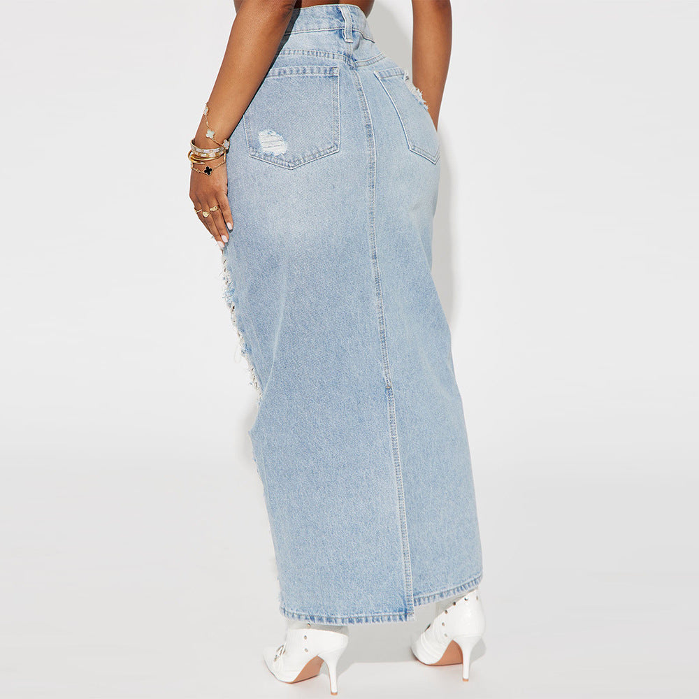 Jupe à franges fendue en denim délavé personnalisé pour femme