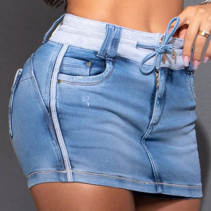 Summer Stitching Drawstring Denim Skirt Skirt