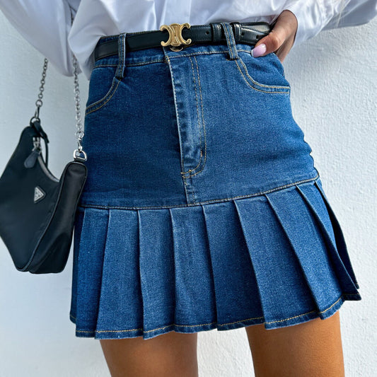 Pleated Stitching Denim Skirt No Belt