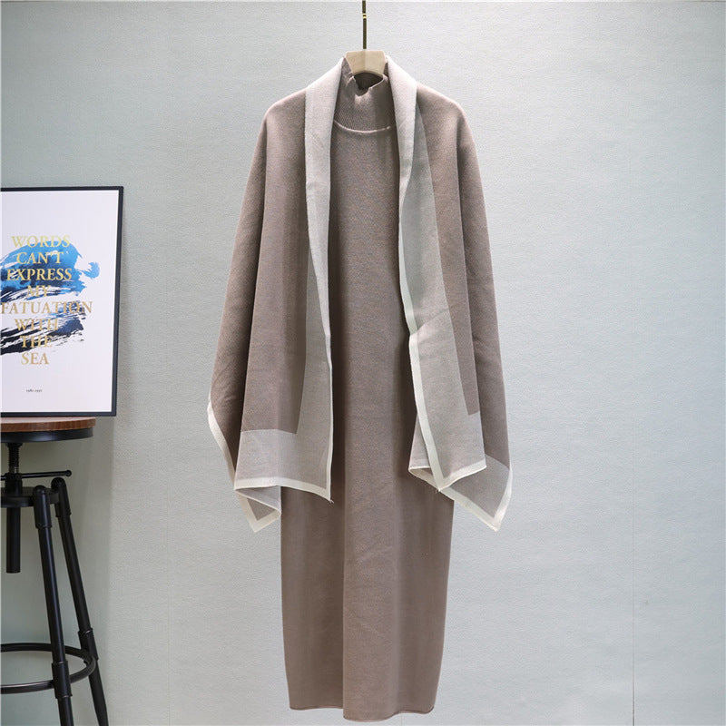 Fashionable Knitting Suit Early Autumn Color Matching Scarf Solid Color Dress Women