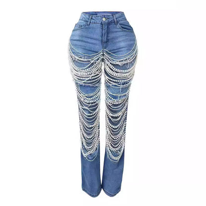 Sexy Summer Pants Ripped Heavy Industry Beads Beaded Stretch Jeans Trousers Women Jeans