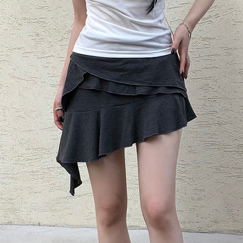 Spring High Waist Slimming Irregular Asymmetric Skirt Ruffled Skirt Sexy Solid Color Knitted Skirt for Women