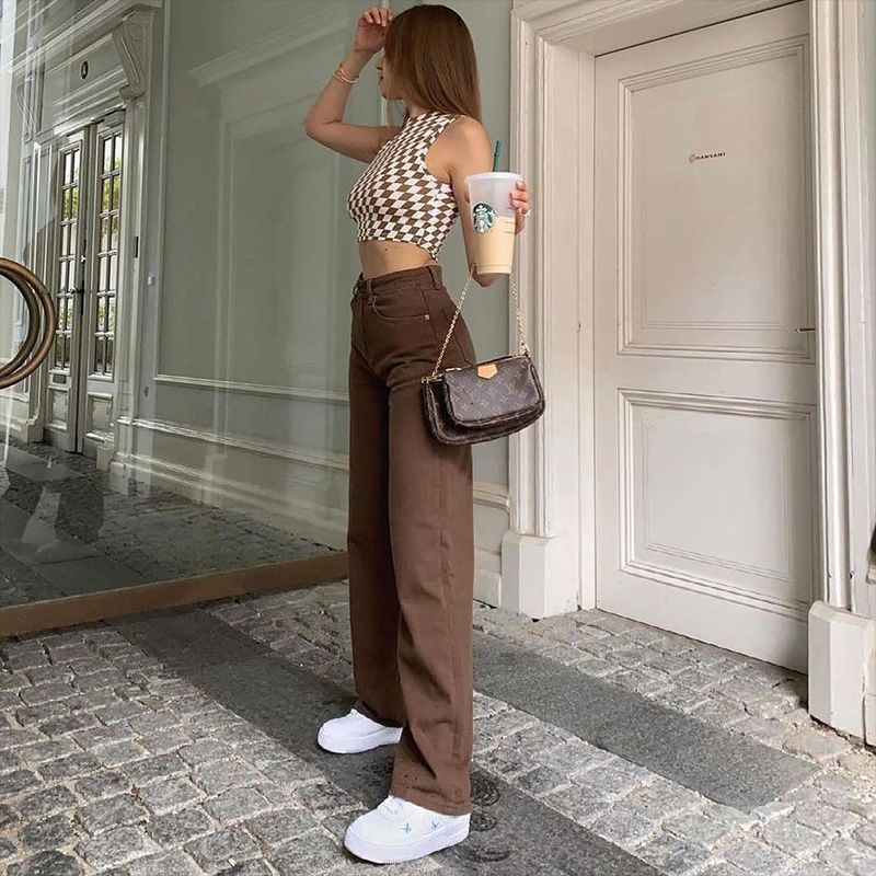 Retro Straight High Waist Slimming Brown Jeans Women Autumn