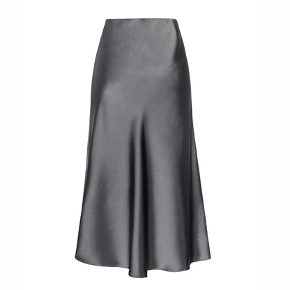 Satin Skirt Elastic High Waist Solid Color Slit Midi Skirt Women Clothing