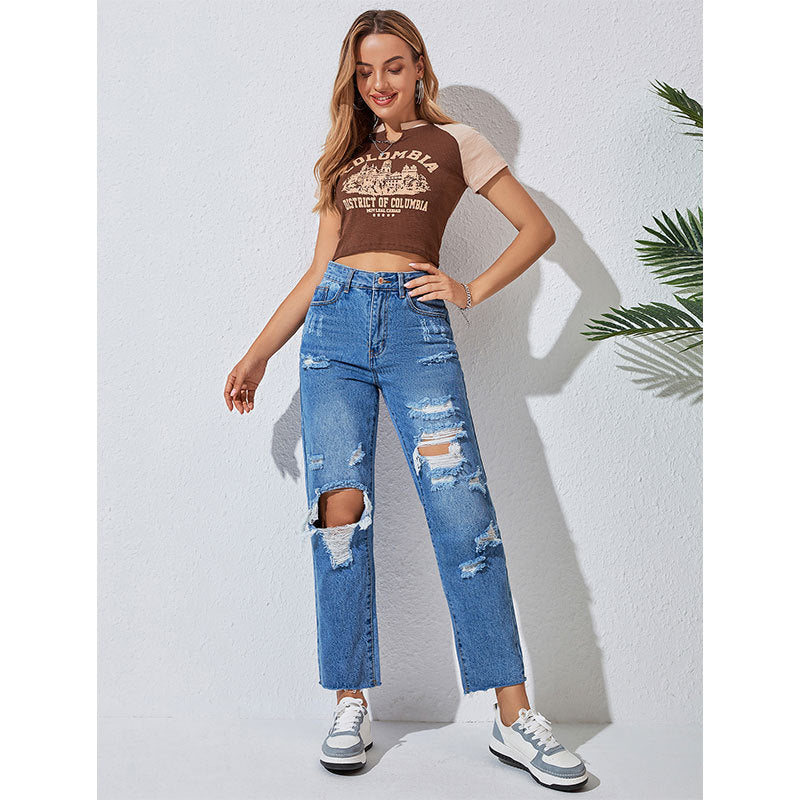 Jeans Frauen Gerade Zerrissene Hose Ausgefranste Street Denim