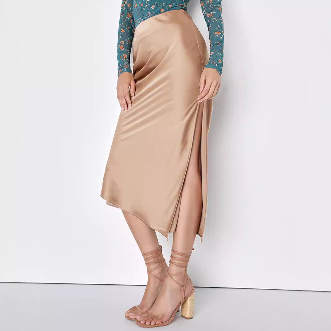 Jupe en satin asymétrique taille haute pour femme, jupe longue élastique élégante à fente