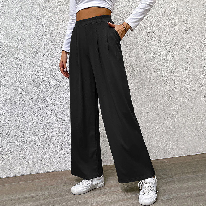 Fall Women Clothing Solid Color Rib Fabric Casual Wide Leg Pants