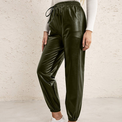 Loose Casual Biker Leather All-Matching Trousers Elastic Waist Faux Leather Ankle-Tied Leather Pants Women