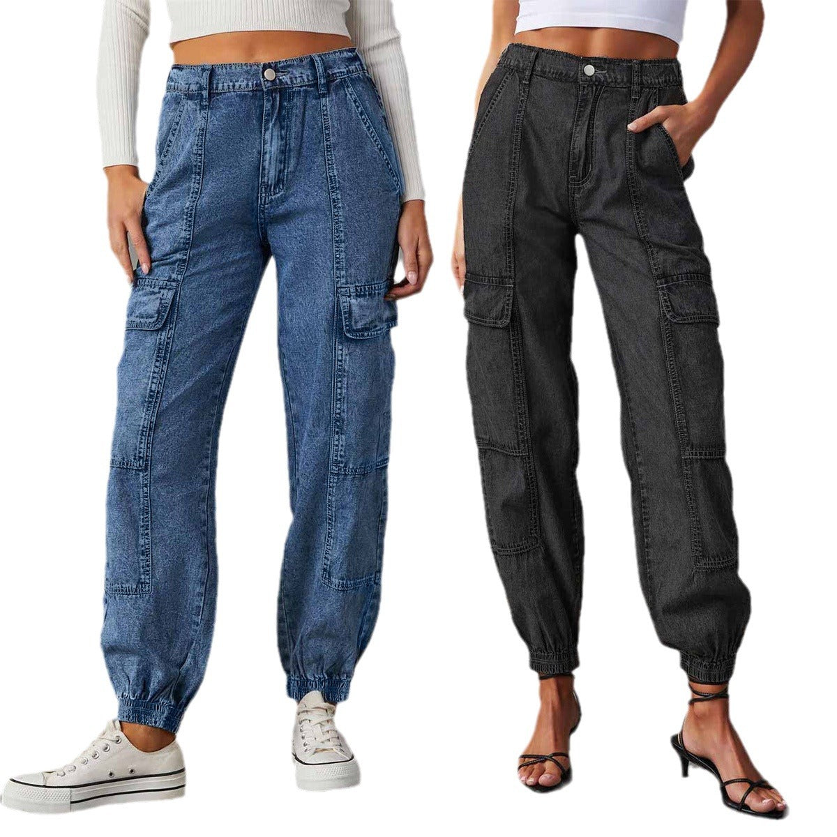 Cargo-Jeans für Damen, Herbst, lässig, elastische Taille, Knöchelriemen, lockere Damenhose