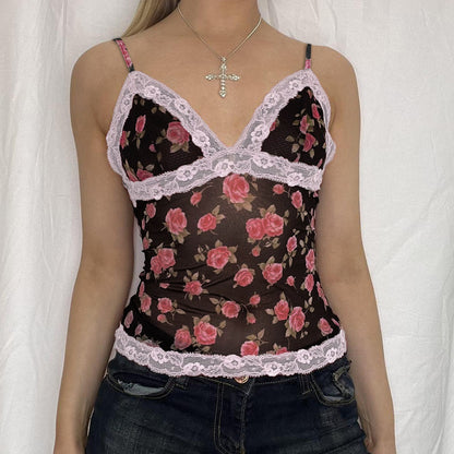 French Vacation Rose Printed Lace Stitching Mesh Camisole Sexy Retro Sexy See Through Slim Vest