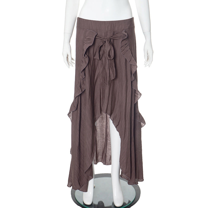 Retro Irregular Asymmetric Wooden Ear Design Long Skirt Women All Matching