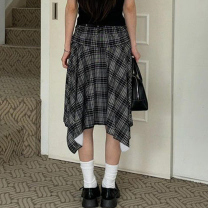 Girls College Retro Plaid Irregular Asymmetric Skirt Cute Youth Looking Low Waist Slimming Casual Midi Skirt No Belt