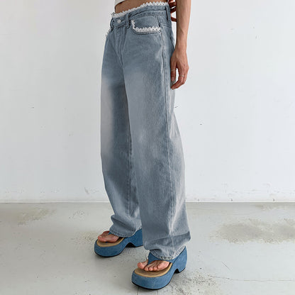 Pantalon en denim délavé taille basse avec coutures en dentelle pour femme, coupe droite, coupe usée, coupe basique