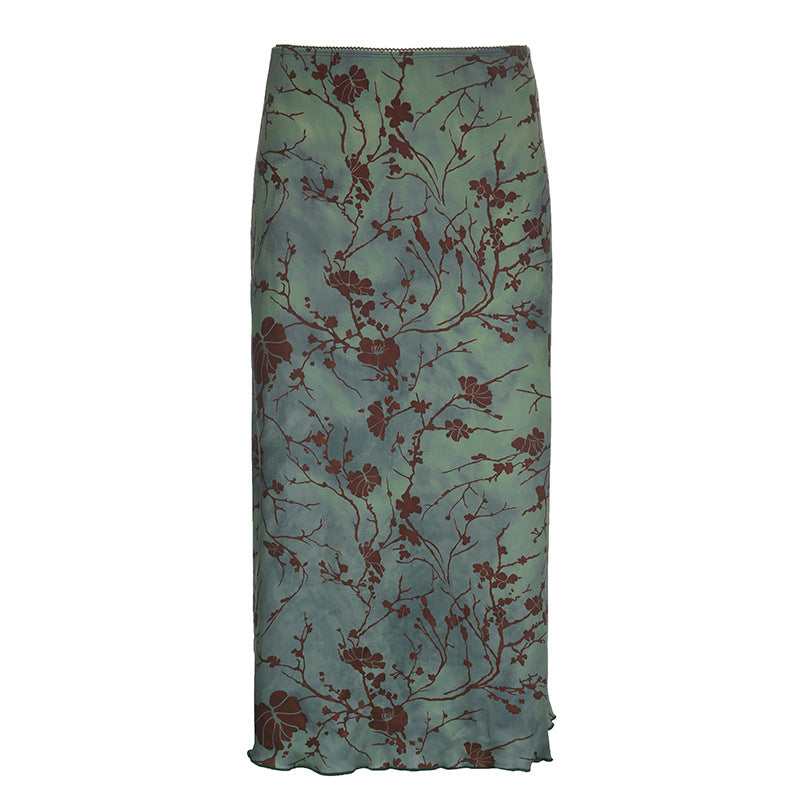 Artistic Retro Printing Straight Midi Skirt High Waist Lake Green Girl White Graceful Skirt