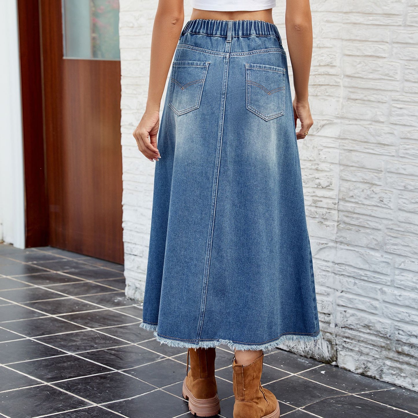 Women Clothing Spring Summer Washed Frayed Hem Denim Skirt Midi