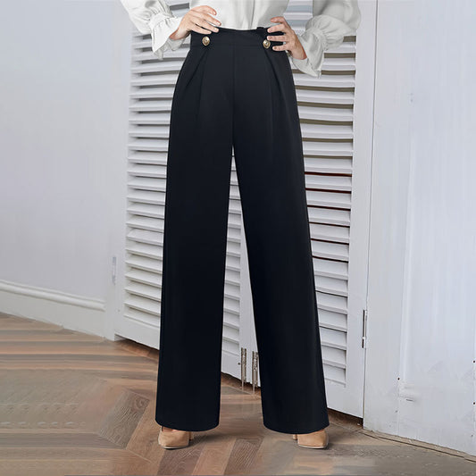 Elegant Solid Color Buttons Knitted Stretch Wide Leg Pants All Match Women Trousers Straight Pants Women Clothing