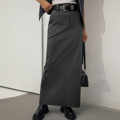 Graues Büro-Arbeitsplatz-Split-High-Waist-Gerade-Rock-Herbstkleid