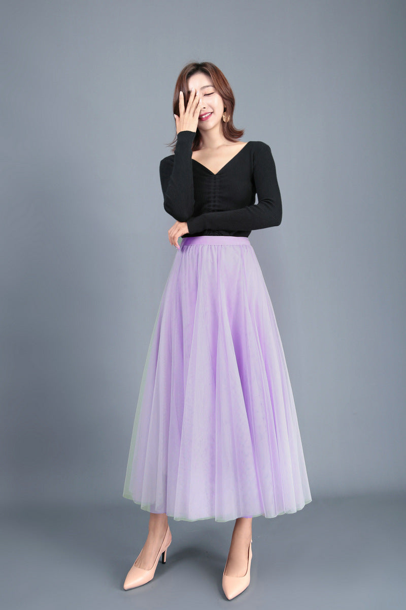 Jupe longue en gaze pour femme, automne hiver, taille haute, mi-longue, en tulle, plissée, jupe trapèze, jupe féerique