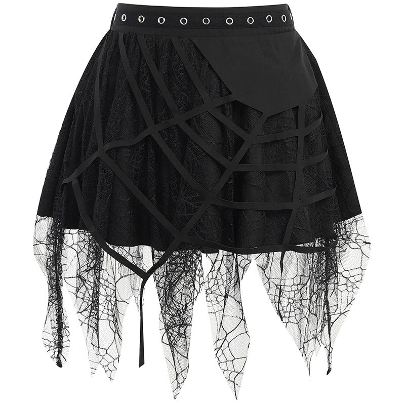 Jupe d'automne pour femme style gothique punk avec pompons en toile d'araignée