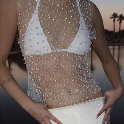 Haut débardeur sans manches sexy en maille transparente pour femme, vêtement printemps été, perles à bulles