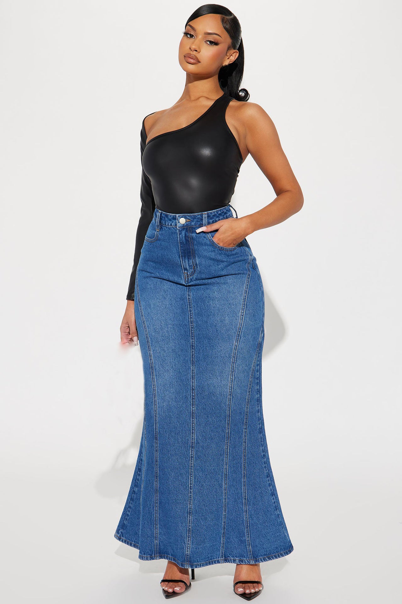 Elastic Denim Skirt Long Skirt