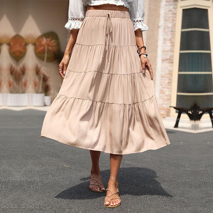 Cross-Border Summer Skirt Ruffled Pleated Solid Skirt