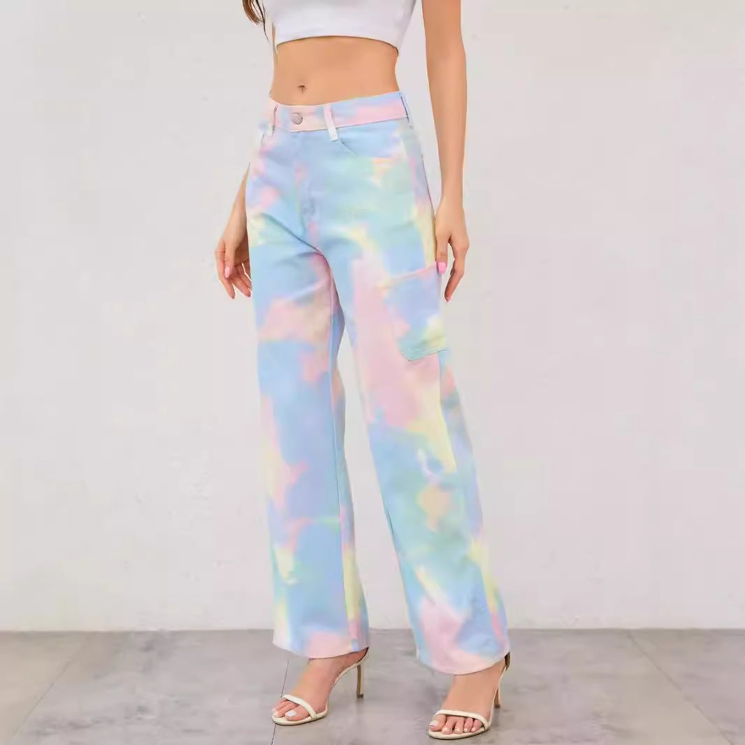 Summer Rainbow Tie Dyed Jeans Women Loose Straight Trousers Trend