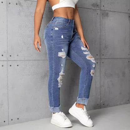 Vêtements pour femmes Pantalon en denim skinny droit déchiré à la mode