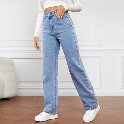 Jean taille haute délavé pour femme, pantalon long à jambe droite