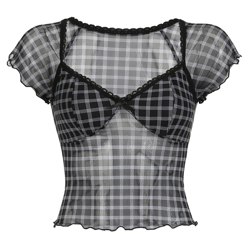 Sexy See through Plaid V neck Push up Lace T shirt Sexy Slimming Waistcoat Design Top