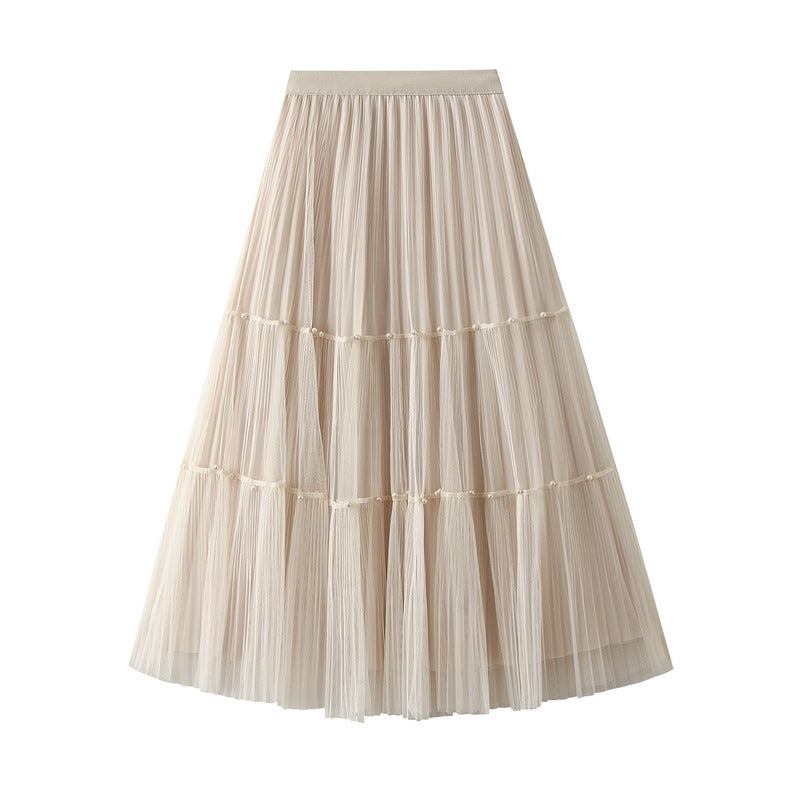 Double Sided Beaded Tulle Skirt Skirt Women Autumn Winter High Waist Pleated Skirt Dress Midi Dress