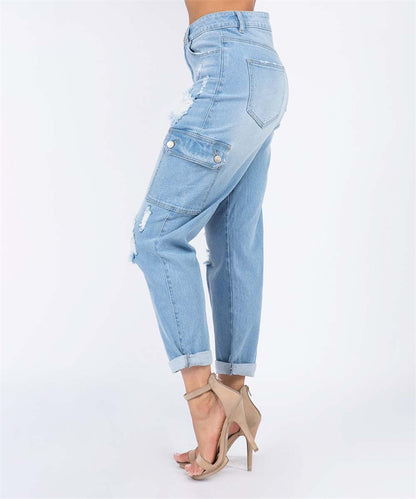 Multi Bag Jeans Women Casual Washed Ripped Straight Pants High Waist Jeans