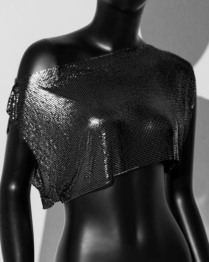 Haut à paillettes en métal pour femmes, haut à épaules obliques, gilet à col dénudé, haut à paillettes en maille d'aluminium