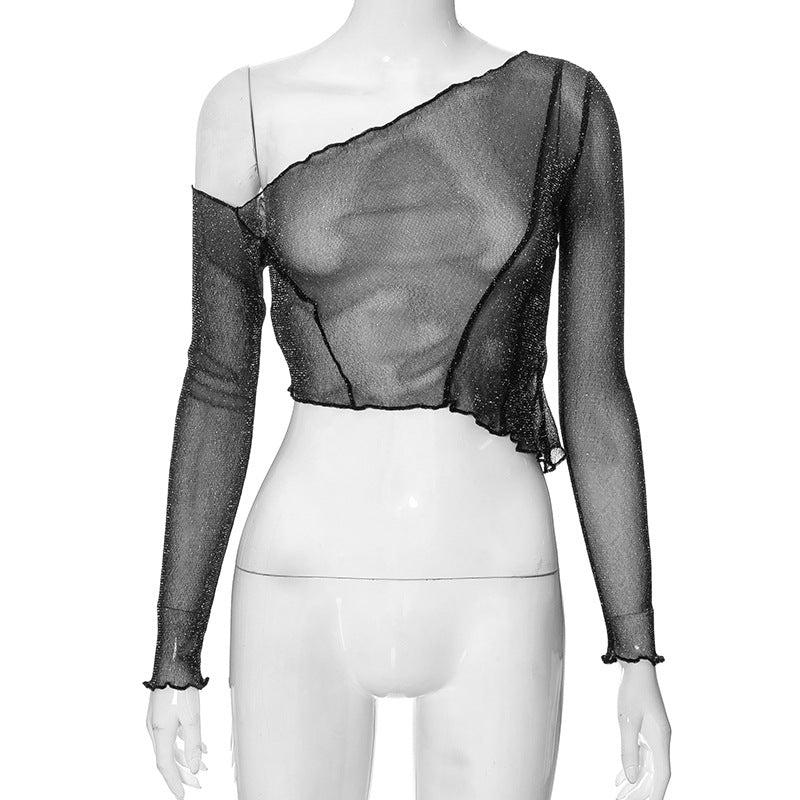 Damenbekleidung Herbst Einfarbig Schräge Schulter Langarm Mesh Durchsichtiges Cropped Sexy Top