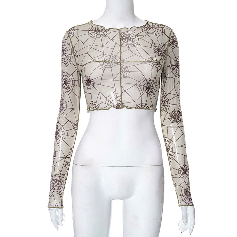 Spider Web Random Printing Special Interest Design Stitching Short Mesh Cropped Top Women