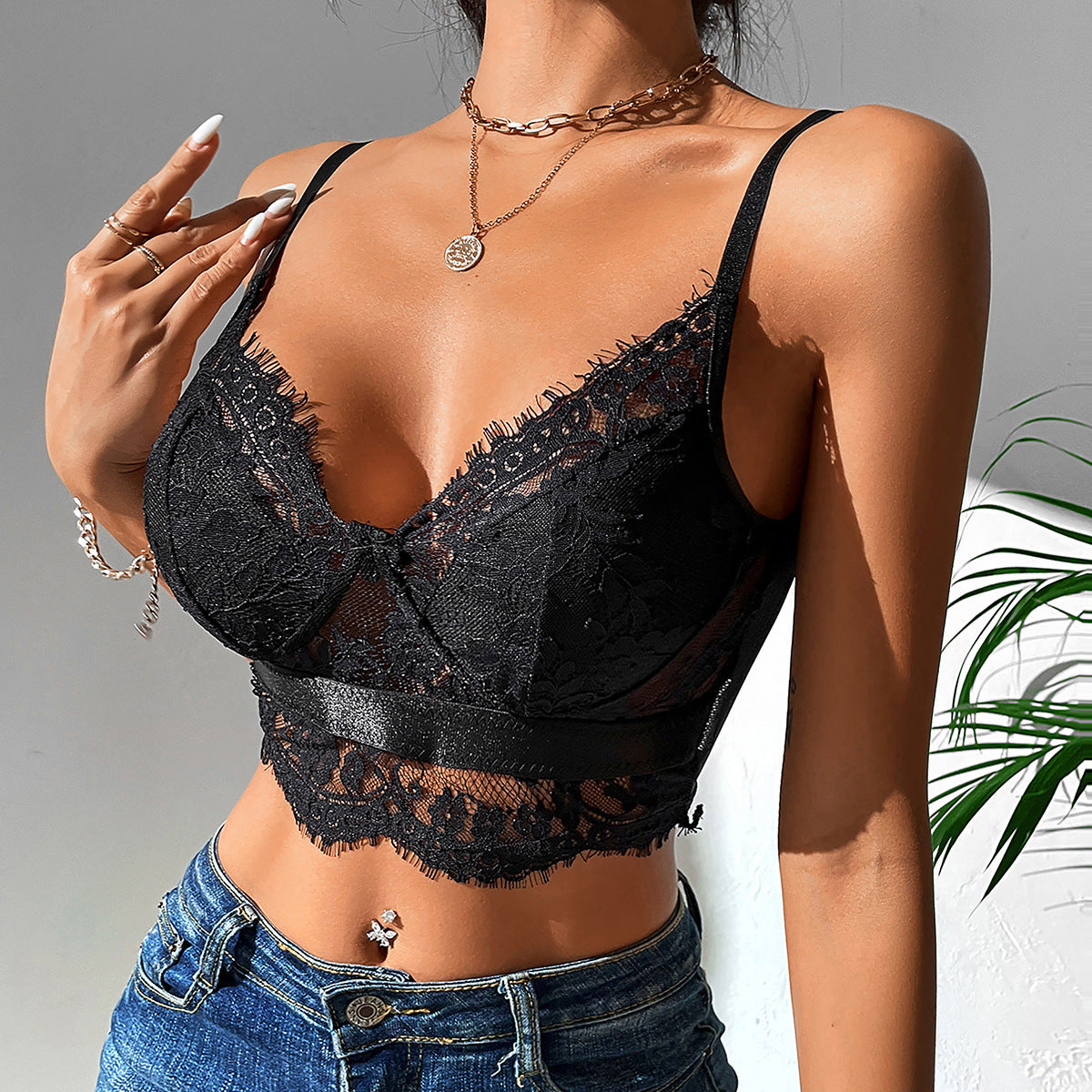 Spitze Spleißen Sling Weste Frauen Nachtclub Sexy Bare Back Mesh Wimpern