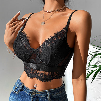 Spitze Spleißen Sling Weste Frauen Nachtclub Sexy Bare Back Mesh Wimpern