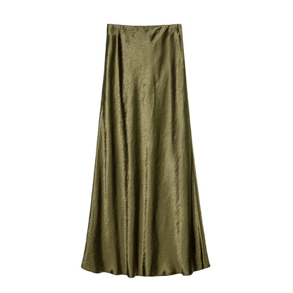 Women Clothing Summer Satin Skirt High Waist Elastic Hand-Held Pattern Long Skirt Elegant Solid Color Long Skirt