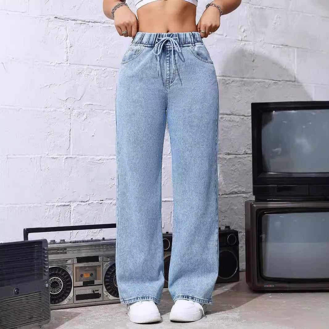 Jeans pour femmes été élastique taille haute ample amincissant pantalon droit femme pantalon bleu