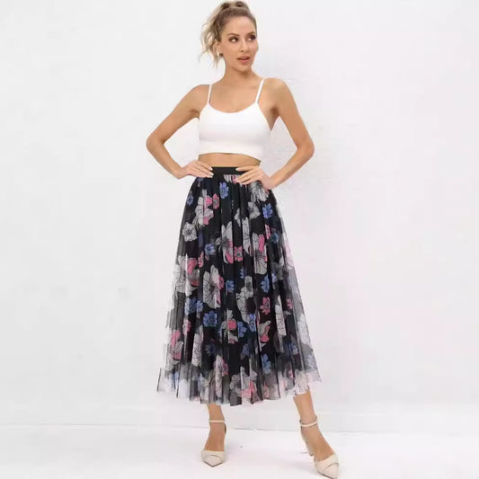 High End Women Clothing Printed Mesh Skirt Tiered Dress Wide Hem Flowy Midi Skirt