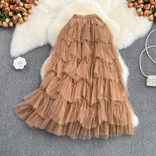 Early Spring Mesh Puffy tiered Mid-Length Elastic Waist Skirt Irregular Asymmetric Gauze Skirt Fairy Skirt